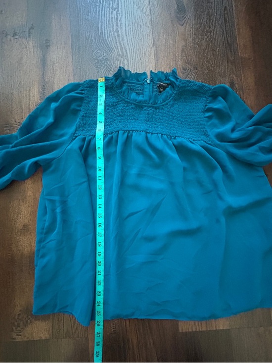 Ann Taylor Teal Smocked Blouse XL Ruffle Neck Long Sleeve Top - Picture 9 of 9